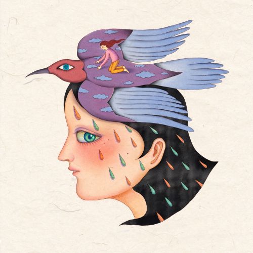 Surreal portrait with large bird and teardrops by Leyla Cui