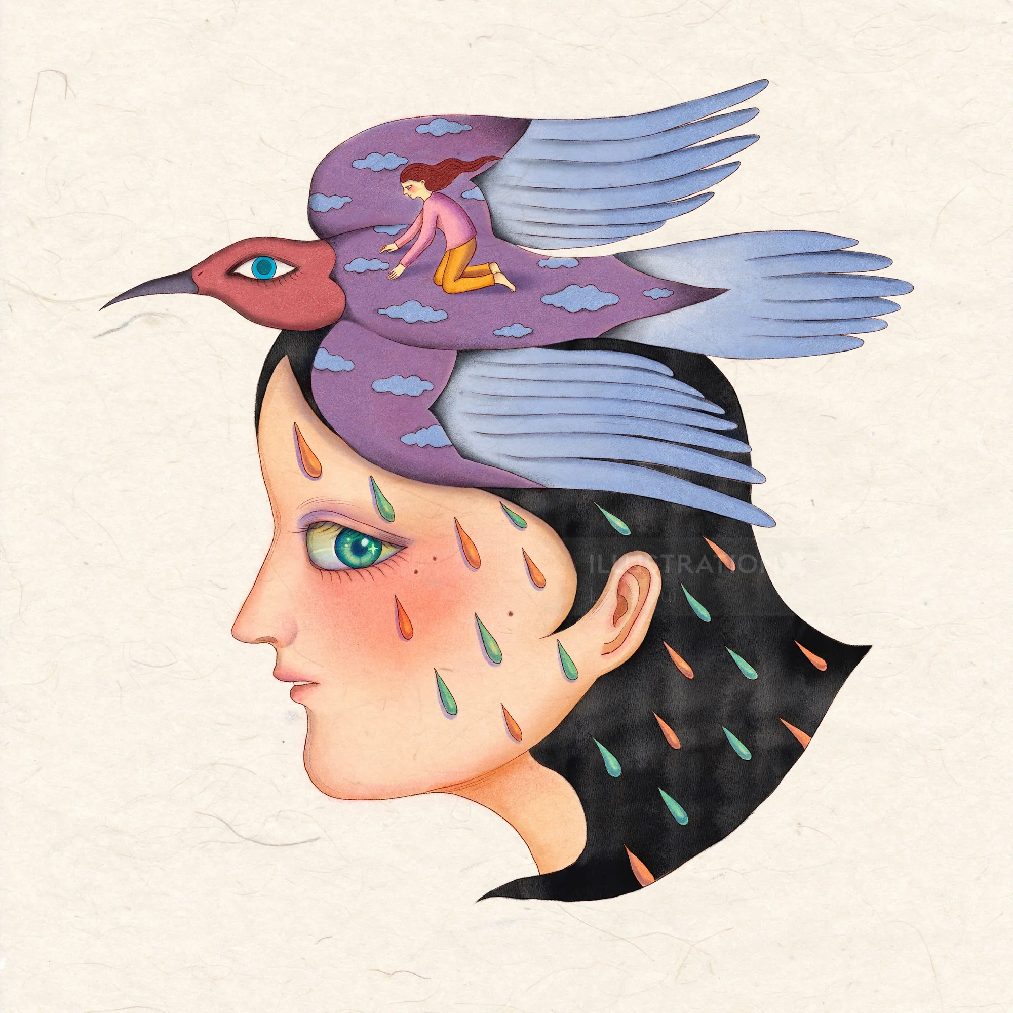 Surreal portrait with large bird and teardrops by Leyla Cui