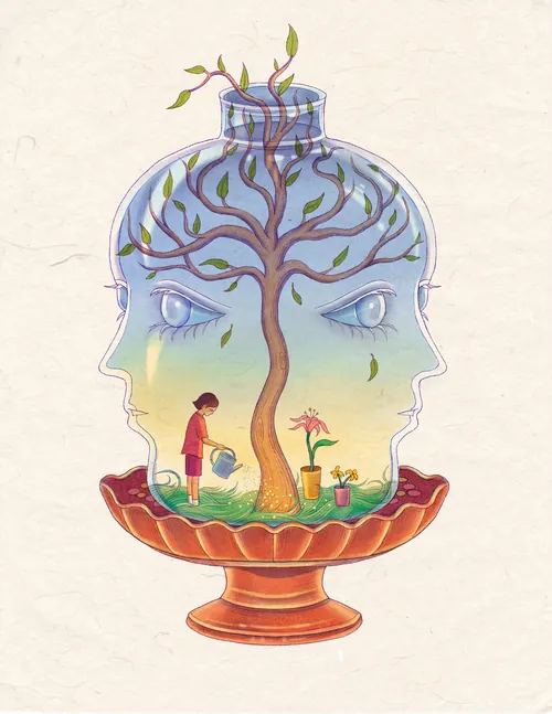 Environment protection illustration by Leyla Cui showing tree growing inside human heads