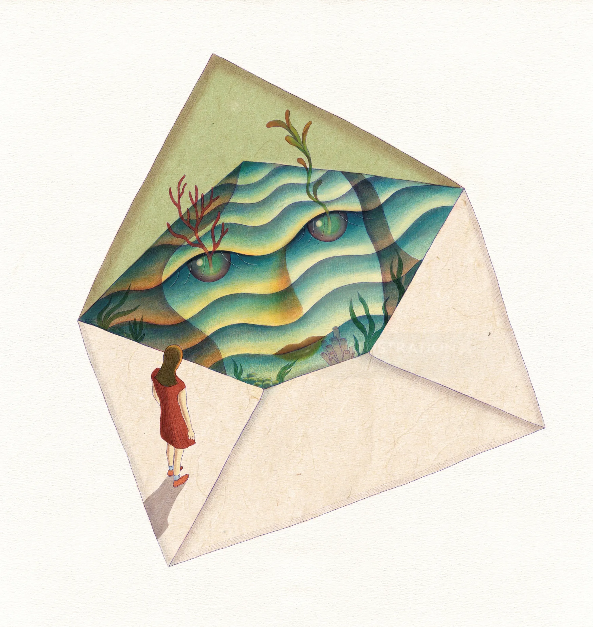 Illustration of woman in red dress looking into an envelope with ocean waves by Leyla Cui