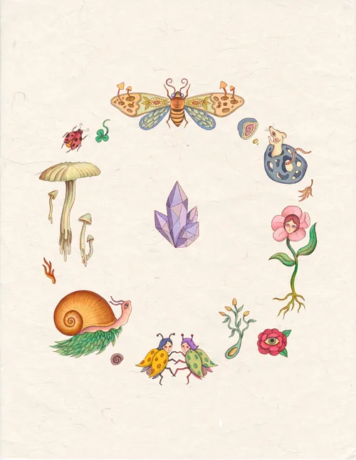 Circle of nature elements including insects, mushrooms, and crystals by Leyla Cui