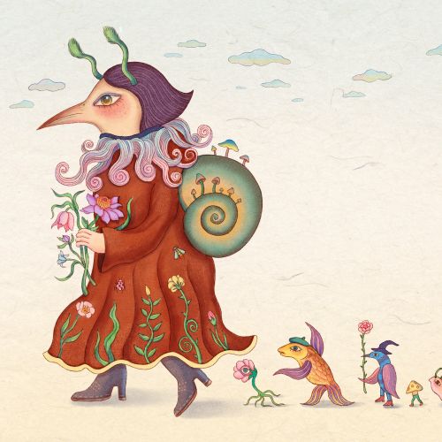 Imaginative creatures in whimsical outfits and a line of small animals walking