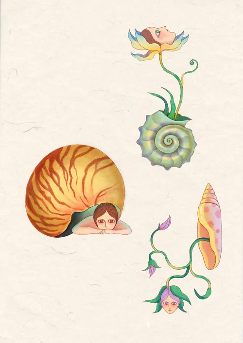 Surreal shells with human faces and floral elements by Leyla Cui