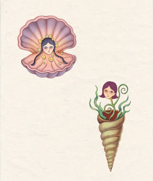 Illustration of a woman in a pink shell and another in a spiral shell by Leyla Cui