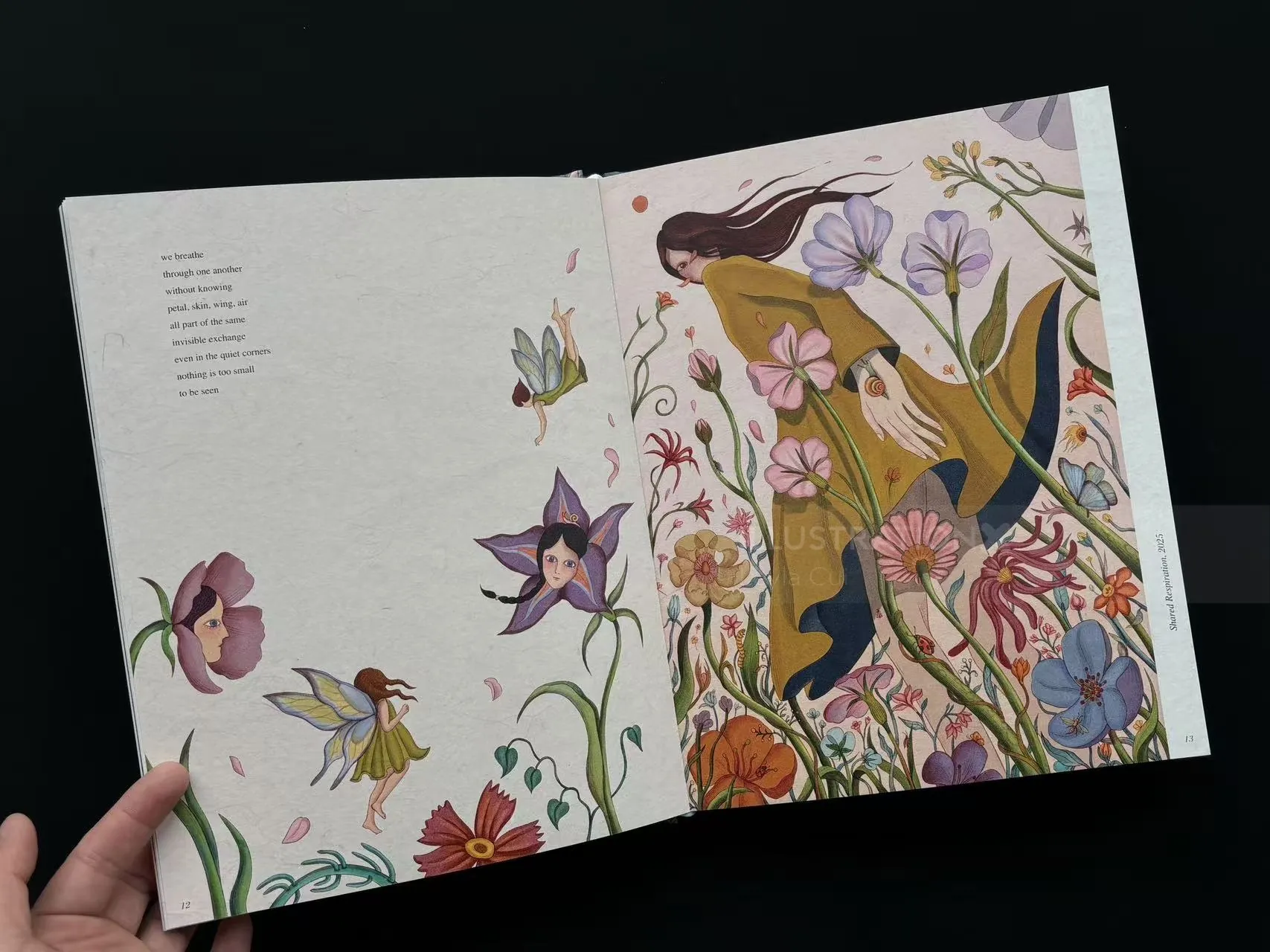 Colorful floral artbook pages with a woman and flowers by Leyla Cui