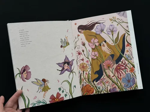 Colorful floral artbook pages with a woman and flowers by Leyla Cui
