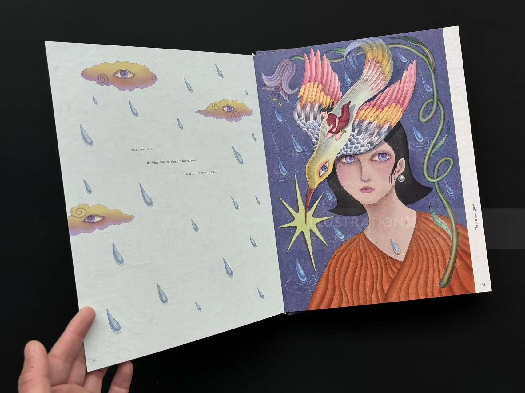 Artbook inner page with surreal woman and bird illustration by Leyla Cui
