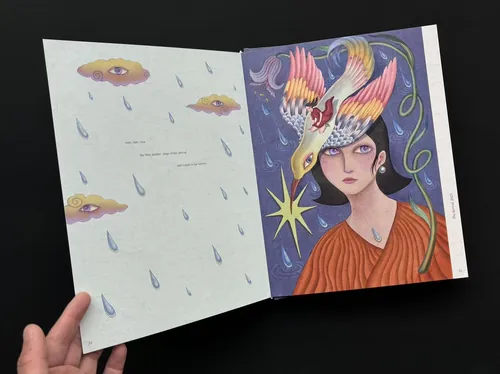 Artbook inner page with surreal woman and bird illustration by Leyla Cui