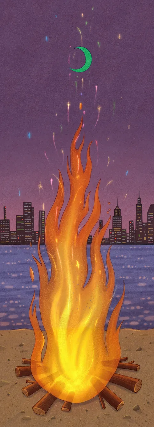 Nighttime bonfire by Manhattan beach under crescent moon by Leyla Cui
