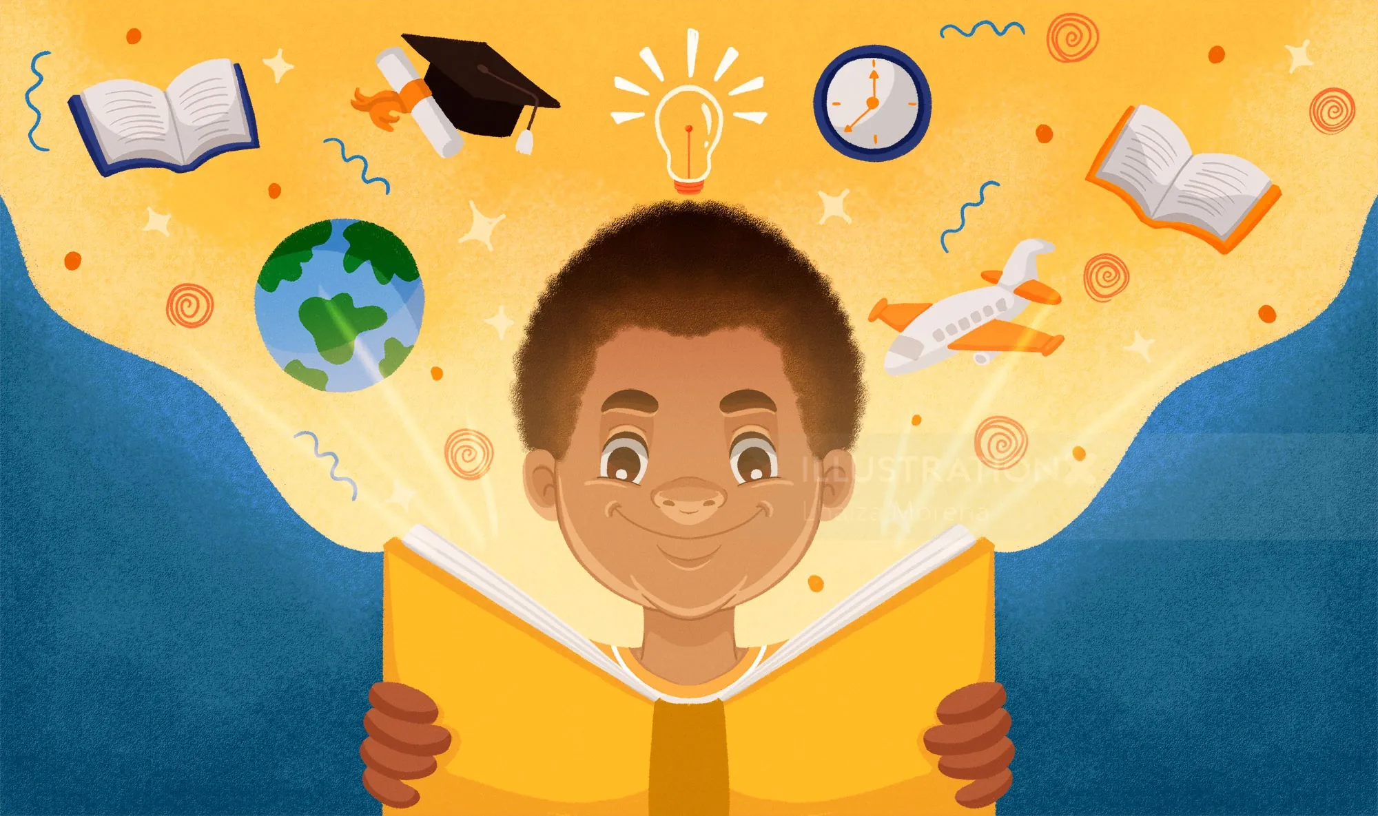 Adriel reading a glowing book surrounded by discovery icons by Lhaiza Morena