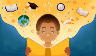 Adriel reading a glowing book surrounded by discovery icons by Lhaiza Morena