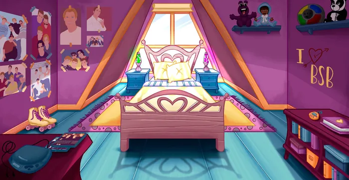 Colorful attic bedroom with bed, posters, and personal items by Lhaiza Morena