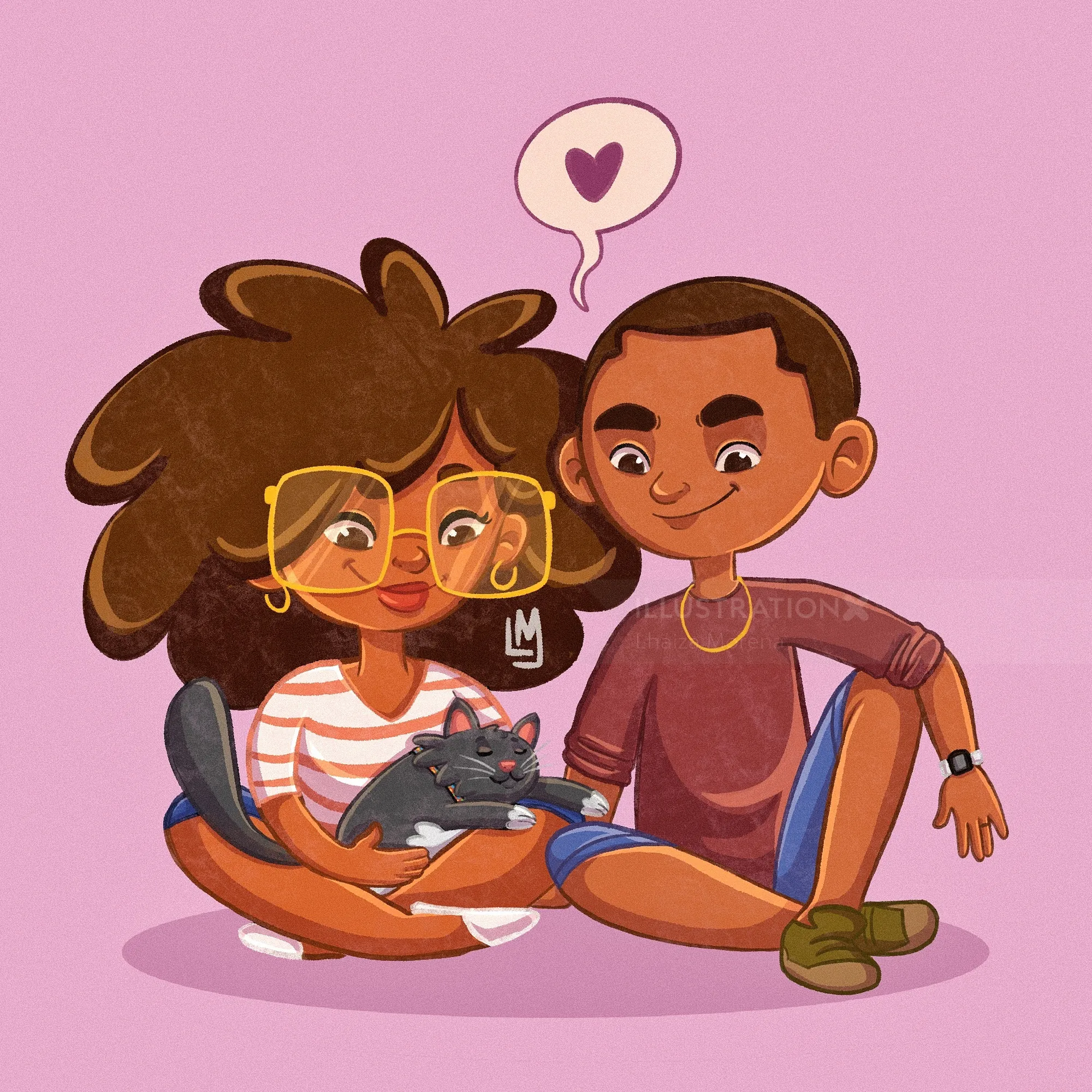 Family sitting together with a cat and heart above them by Lhaiza Morena