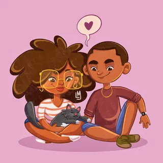 Family sitting together with a cat and heart above them by Lhaiza Morena
