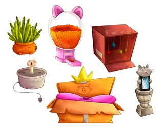 Whimsical throne room props including plants, throne, cat statue, and snack dispenser by Lhaiza More