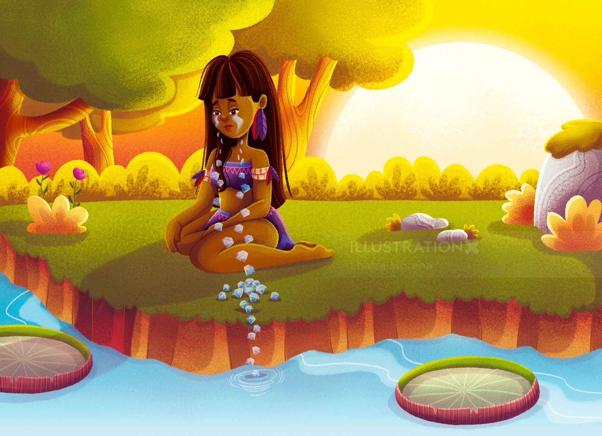 Girl sitting by riverbank scattering flowers on water, by Lhaiza Morena
