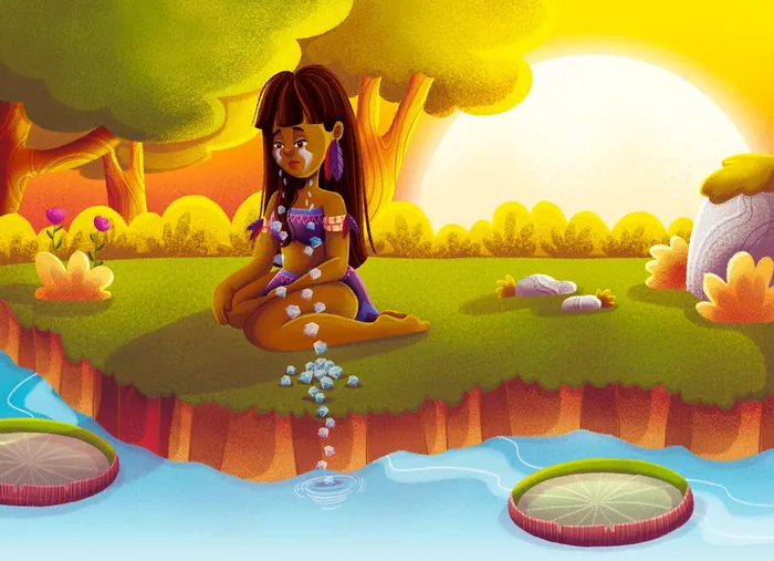 Girl sitting by riverbank scattering flowers on water, by Lhaiza Morena