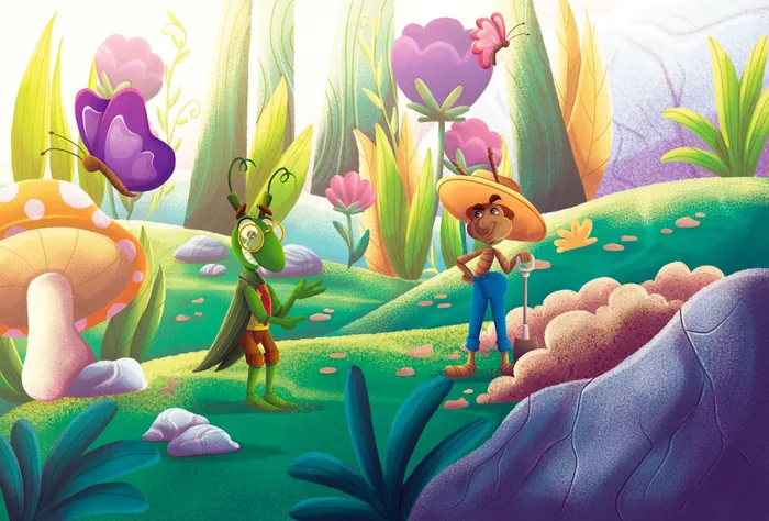 Colorful illustration of ant and cicada in a vibrant natural setting by Lhaiza Morena