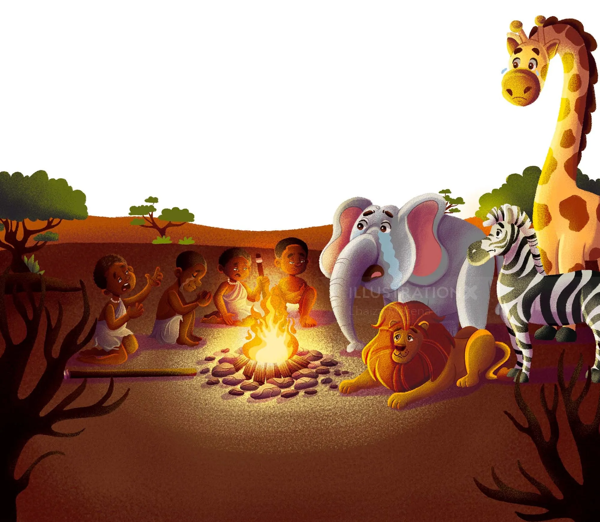 Children sitting by campfire with a giraffe, elephant, lion, and zebra, by Lhaiza Morena