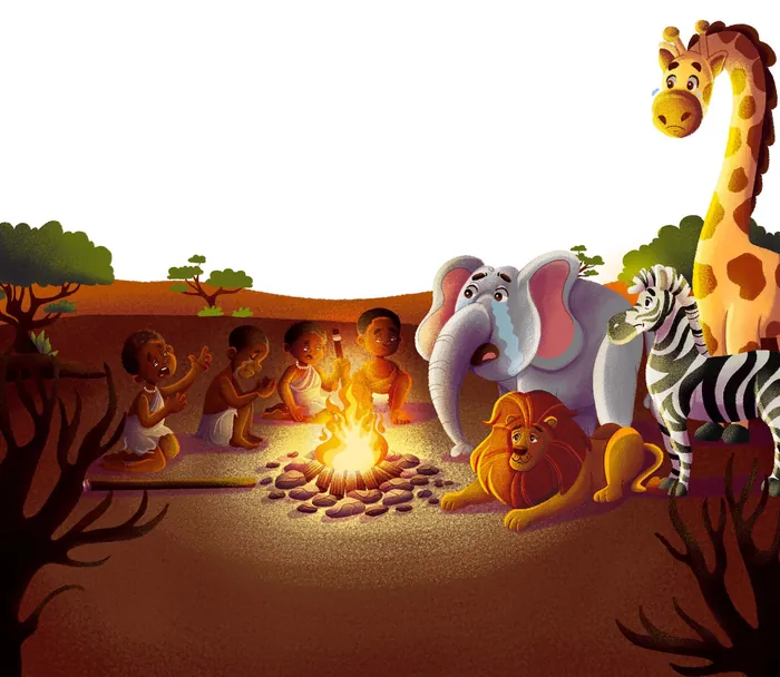 Children sitting by campfire with a giraffe, elephant, lion, and zebra, by Lhaiza Morena