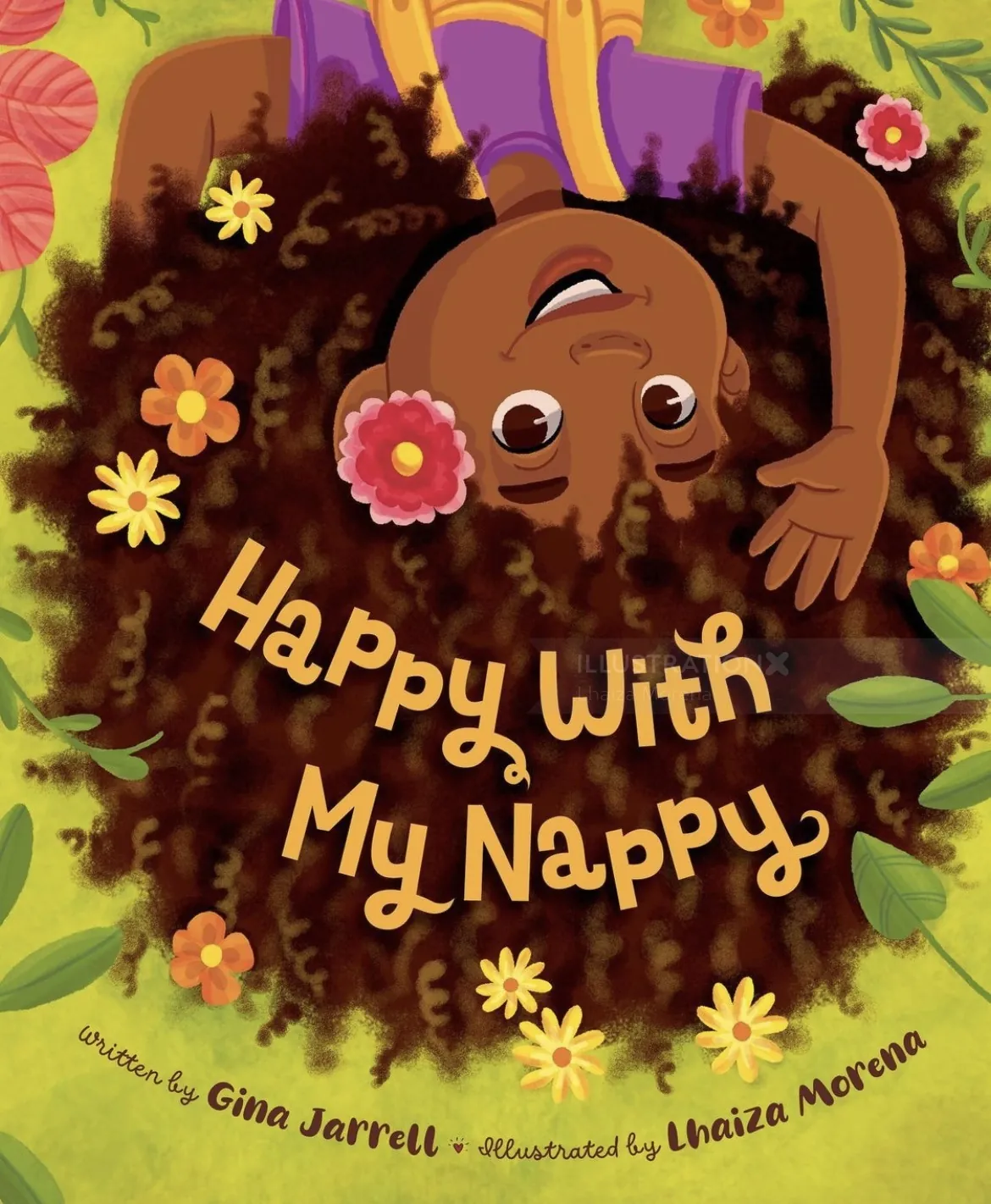 Children's book cover with smiling child and flowers, Happy With My Nappy by Lhaiza Morena