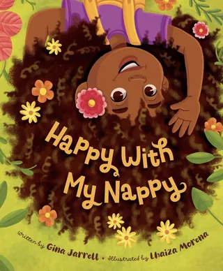 Children's book cover with smiling child and flowers, Happy With My Nappy by Lhaiza Morena