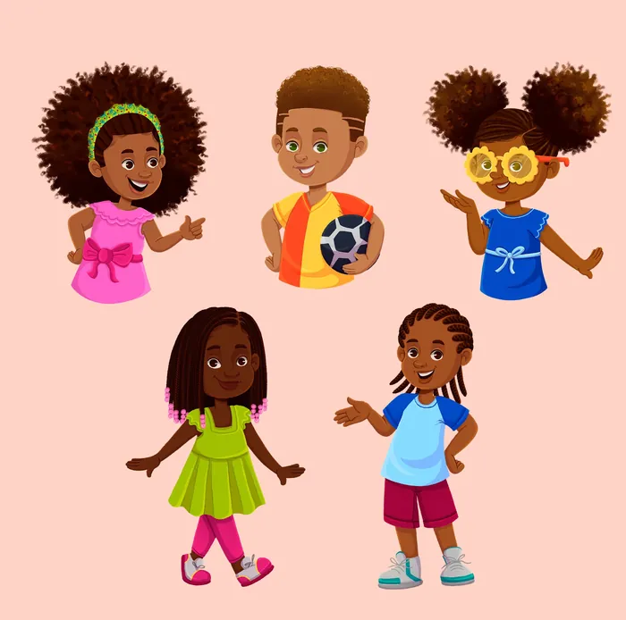 Illustration of five diverse children with different hairstyles and colorful clothes by Lhaiza Moren