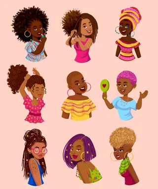 Diverse women with different hairstyles celebrating beauty, by Lhaiza Morena