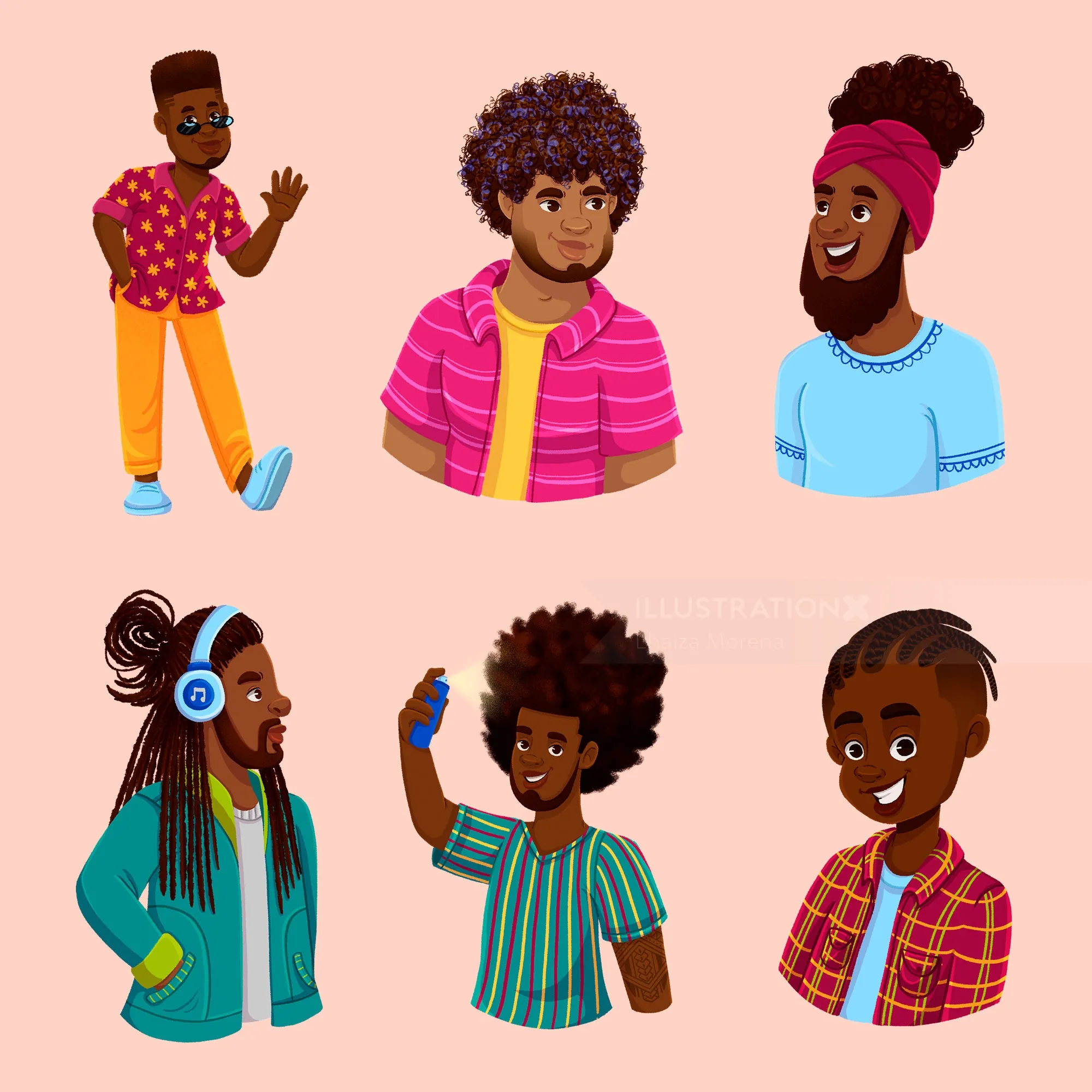 Illustrations of six diverse people with different hairstyles by Lhaiza Morena