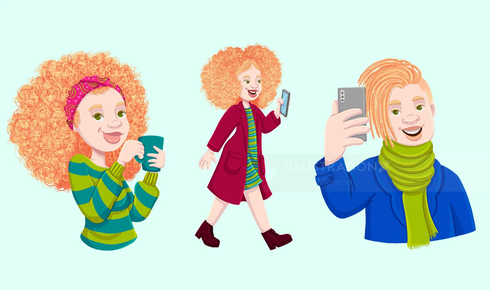 Three people with curly hair using smartphones by Lhaiza Morena