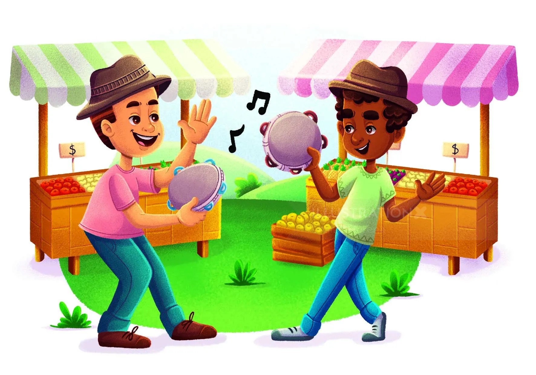 Two people playing tambourines outdoors by market stalls, illustration by Lhaiza Morena