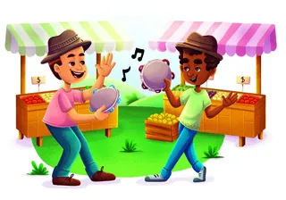 Two people playing tambourines outdoors by market stalls, illustration by Lhaiza Morena