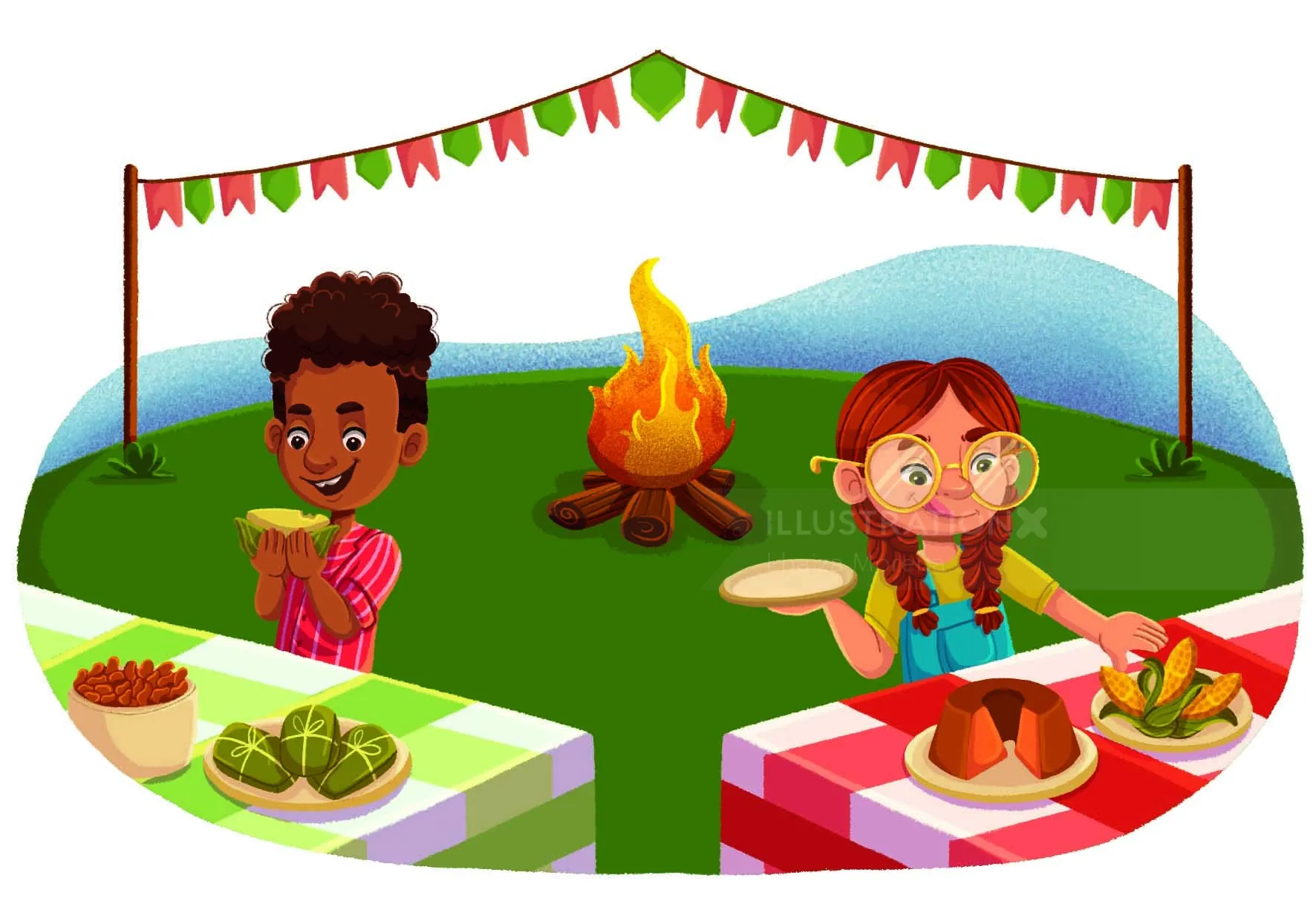 Two children having a picnic with food and a campfire on grass by Lhaiza Morena