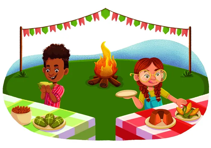 Two children having a picnic with food and a campfire on grass by Lhaiza Morena