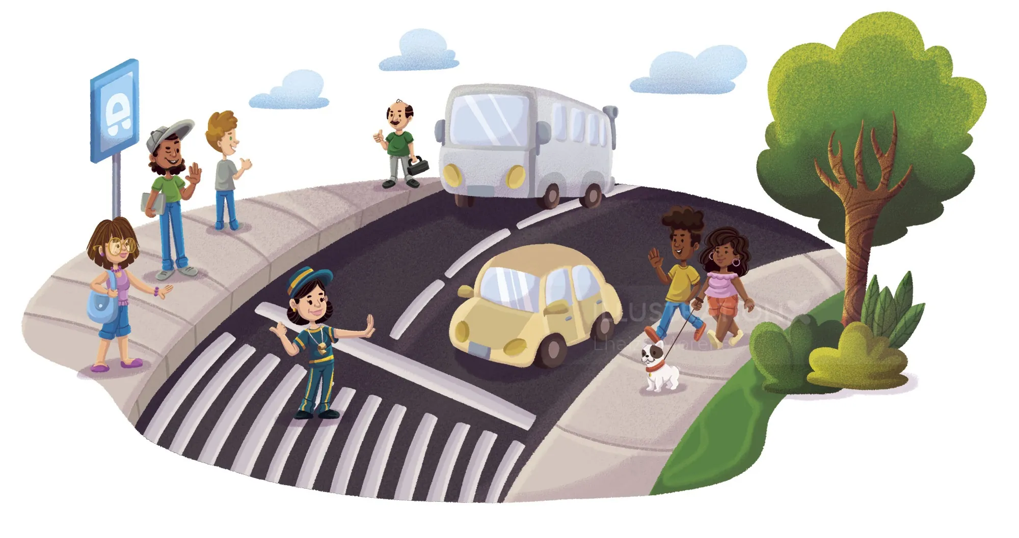 Children crossing the street at a bus stop with cars and a tree, by Lhaiza Morena
