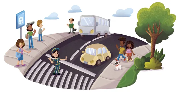 Children crossing the street at a bus stop with cars and a tree, by Lhaiza Morena