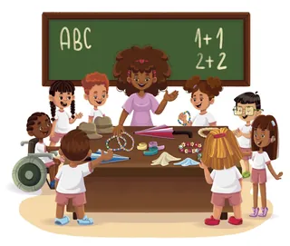 Diverse children with teacher learning ABC and math by Lhaiza Morena