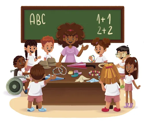 Diverse children with teacher learning ABC and math by Lhaiza Morena