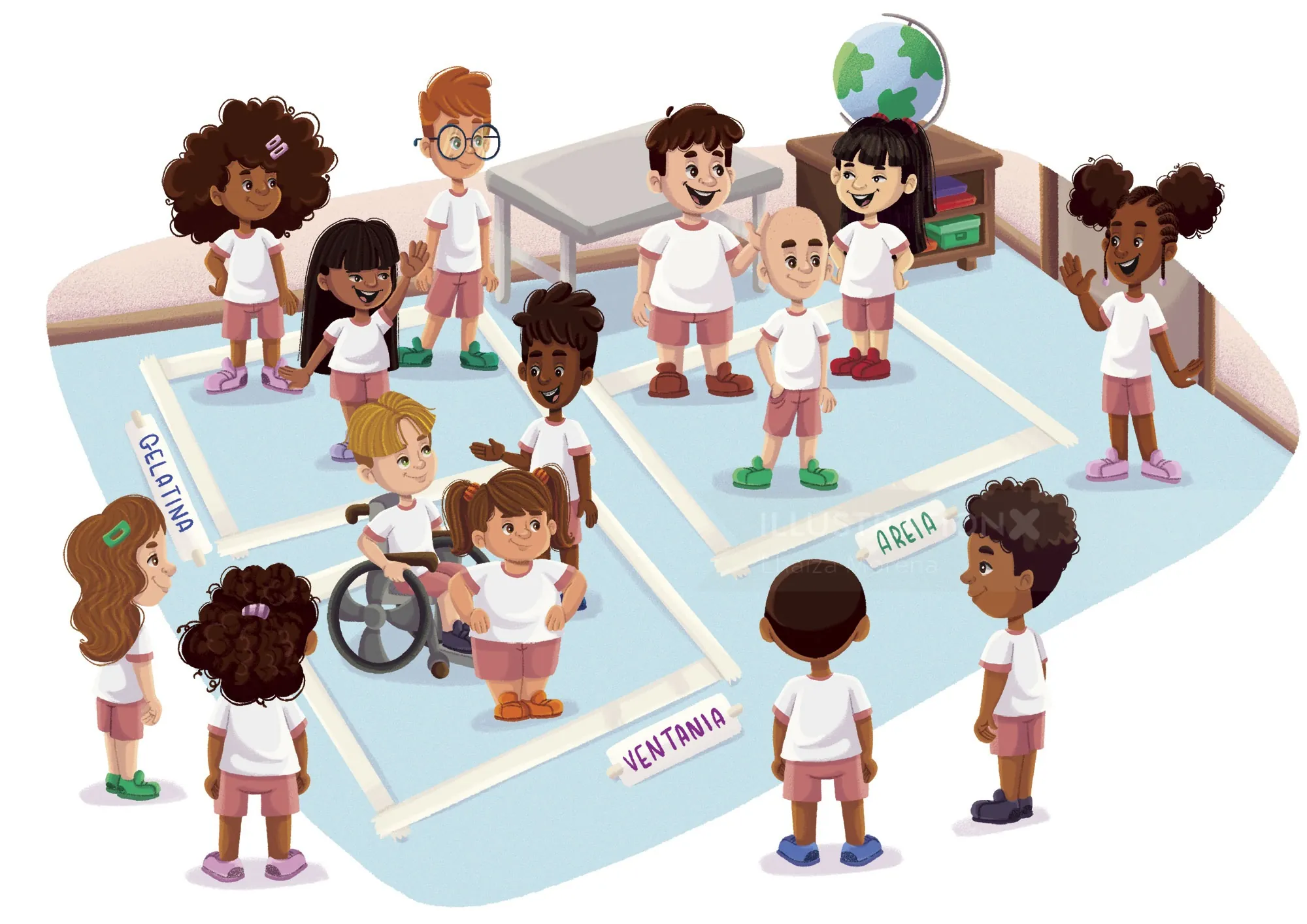 Children of different backgrounds playing schoolyard game, including child in wheelchair by Lhaiza M