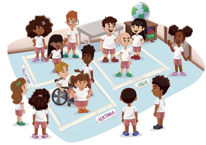 Children of different backgrounds playing schoolyard game, including child in wheelchair by Lhaiza M