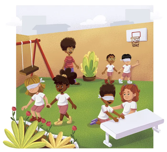 Children playing blindfold game outdoors with adult supervision by Lhaiza Morena