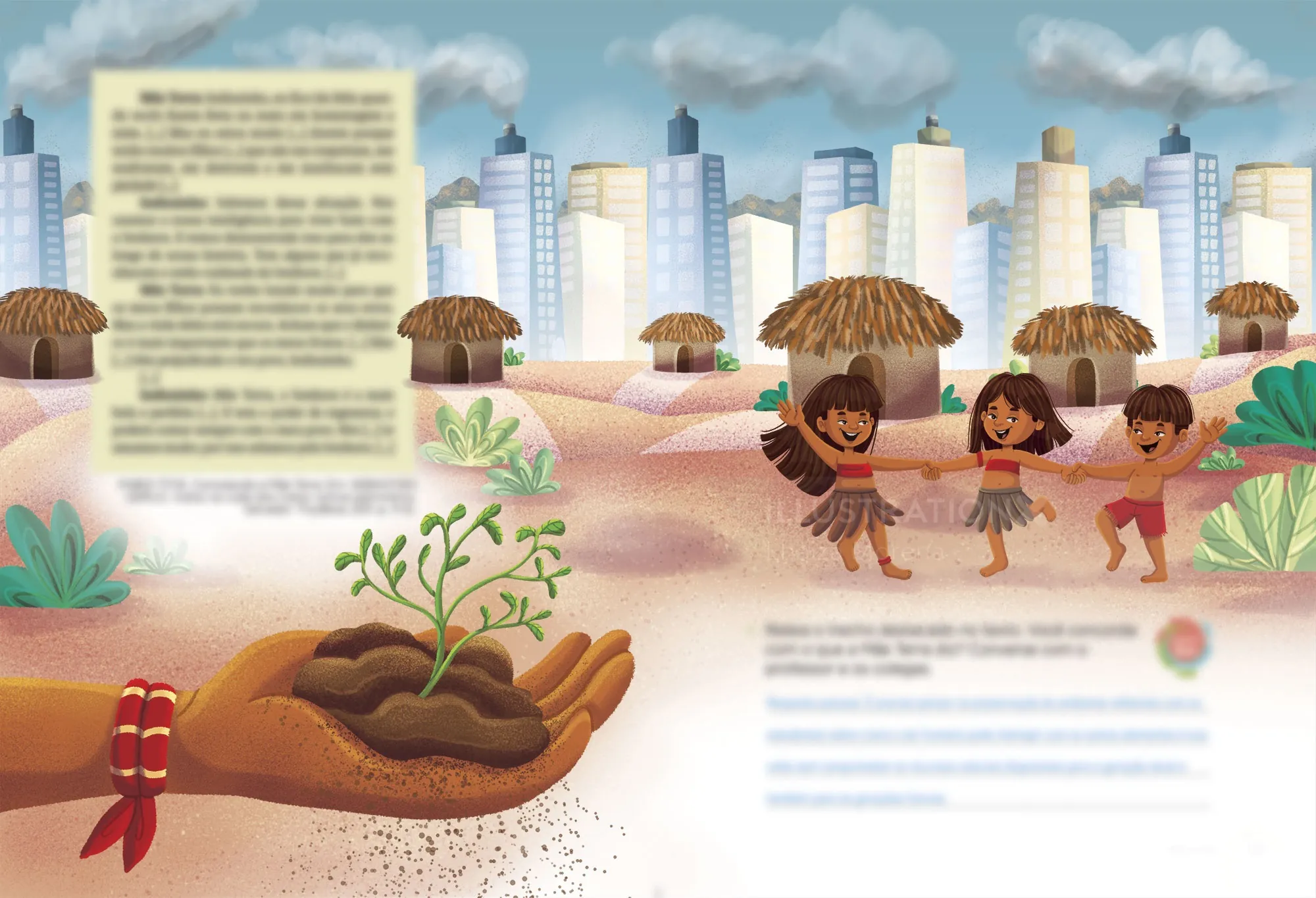 Children dancing near huts with city skyline background by Lhaiza Morena