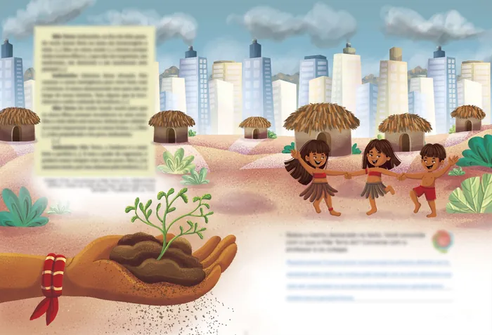 Children dancing near huts with city skyline background by Lhaiza Morena