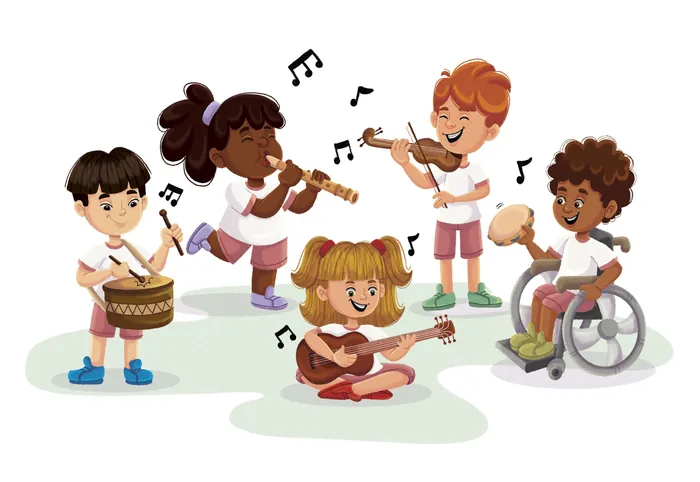 Children playing drums, violin, guitar, and tambourine by Lhaiza Morena