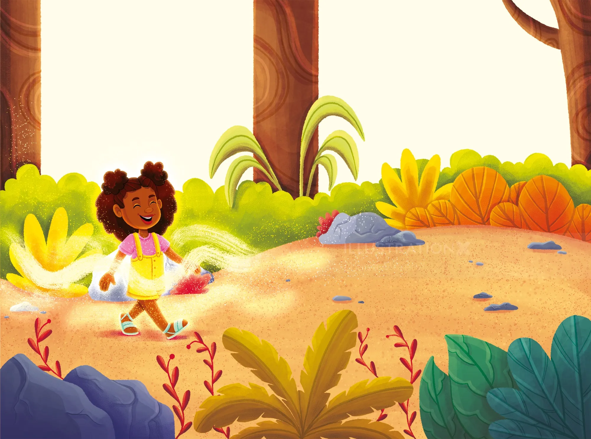 Cheerful girl walking through colorful forest path in children’s book by Lhaiza Morena