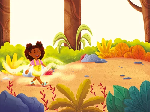 Cheerful girl walking through colorful forest path in children’s book by Lhaiza Morena