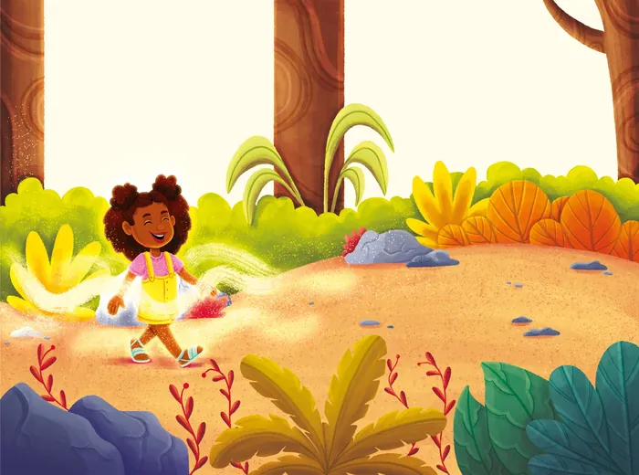 Cheerful girl walking through colorful forest path in children’s book by Lhaiza Morena
