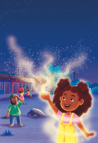Children playing with magical glowing lights under a starry night sky by Lhaiza Morena
