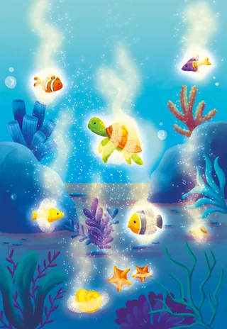 Underwater scene with fish, turtle, starfish, and coral by Lhaiza Morena