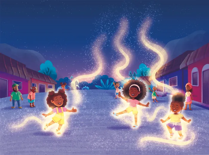 Children playing with glowing magical lights at night in a village by Lhaiza Morena